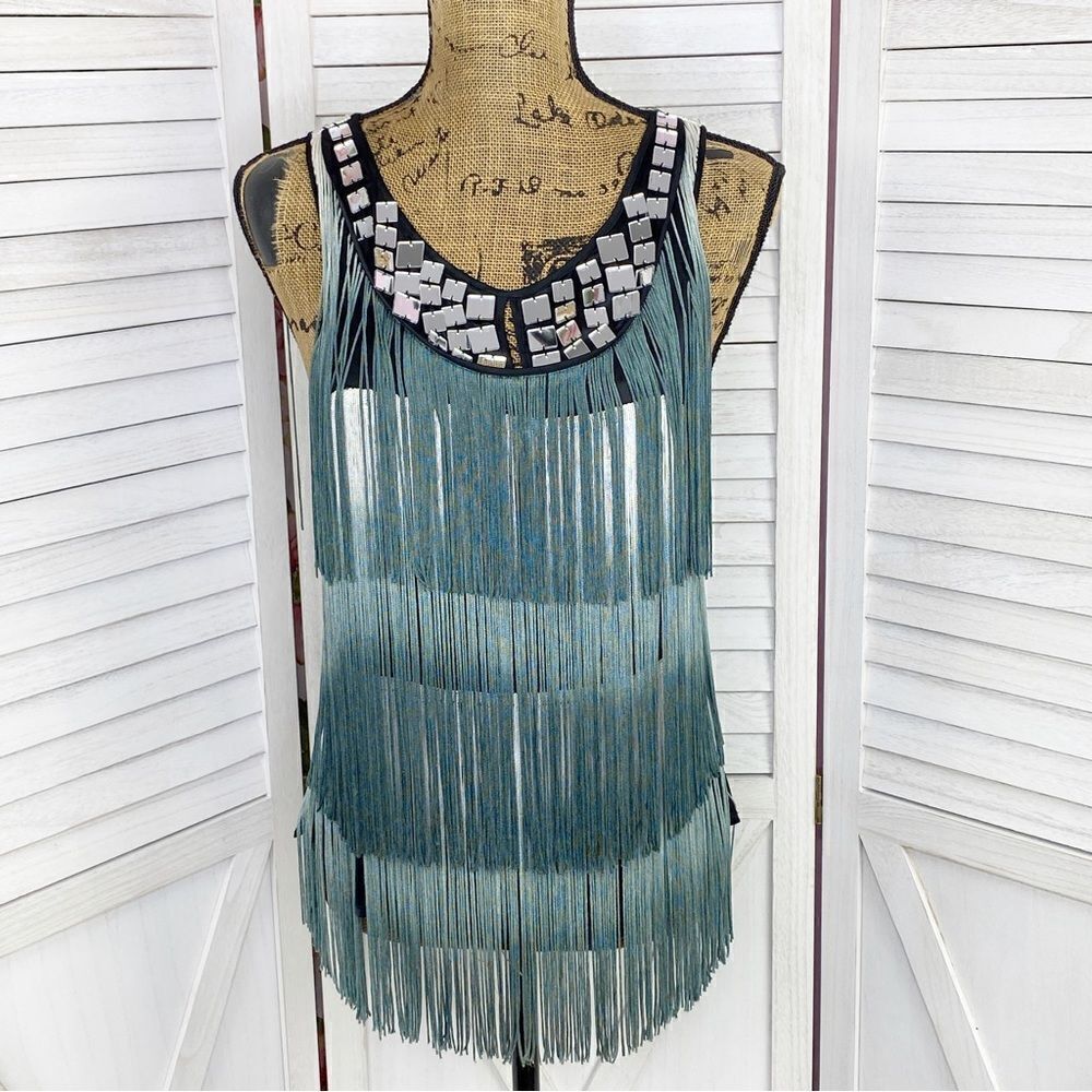 Bebe Mirrored Neck Fringe‎ Sleeveless Top Blue White Ombre Small